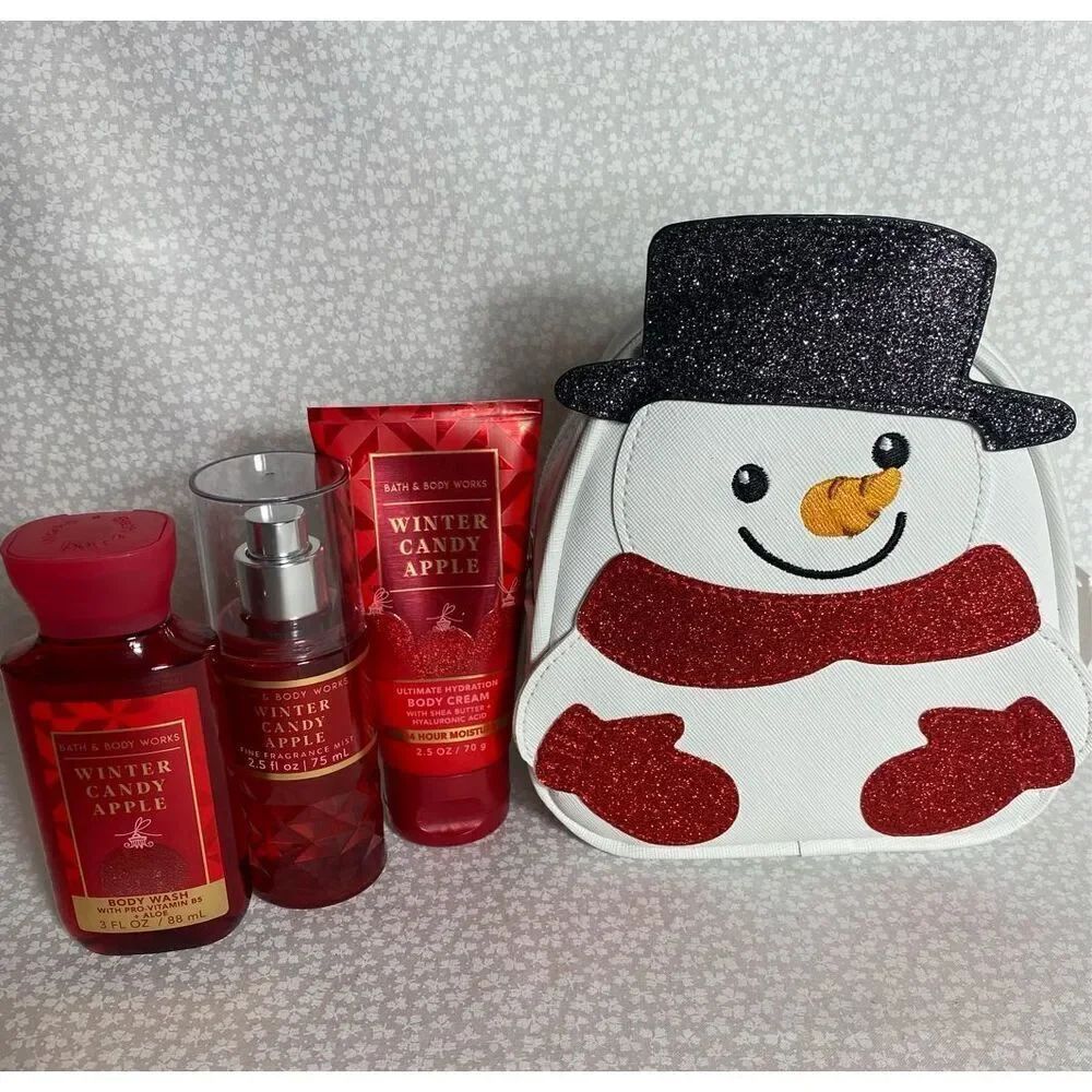 Bath and Body Works SNOWMAN COSMETIC BAG and WINTER CANDY APPLE Travel 4 Piece S - Picture 7 of 7